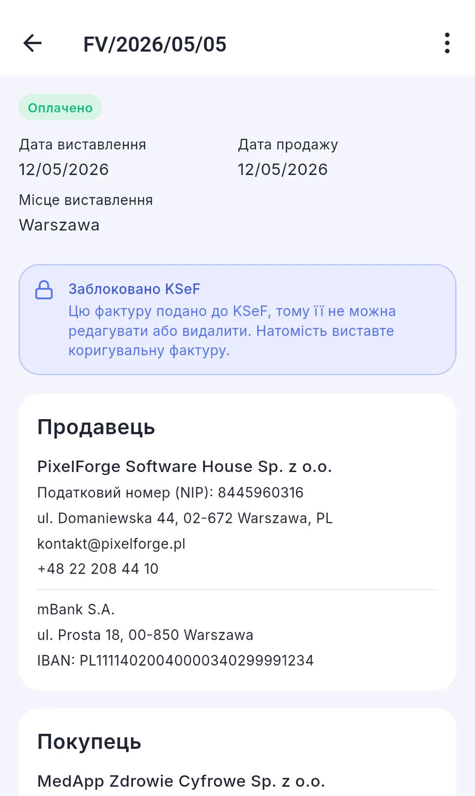Застосунок MyFacturoo — фактура, заблокована KSeF, з даними продавця й покупця